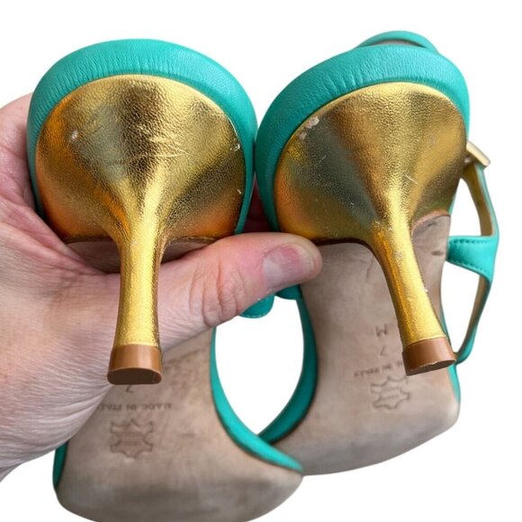 Will's Fancy Made In Italy Beaded Kitten Heels-Turquoise Leather, Size 7M - Picture 11 of 12